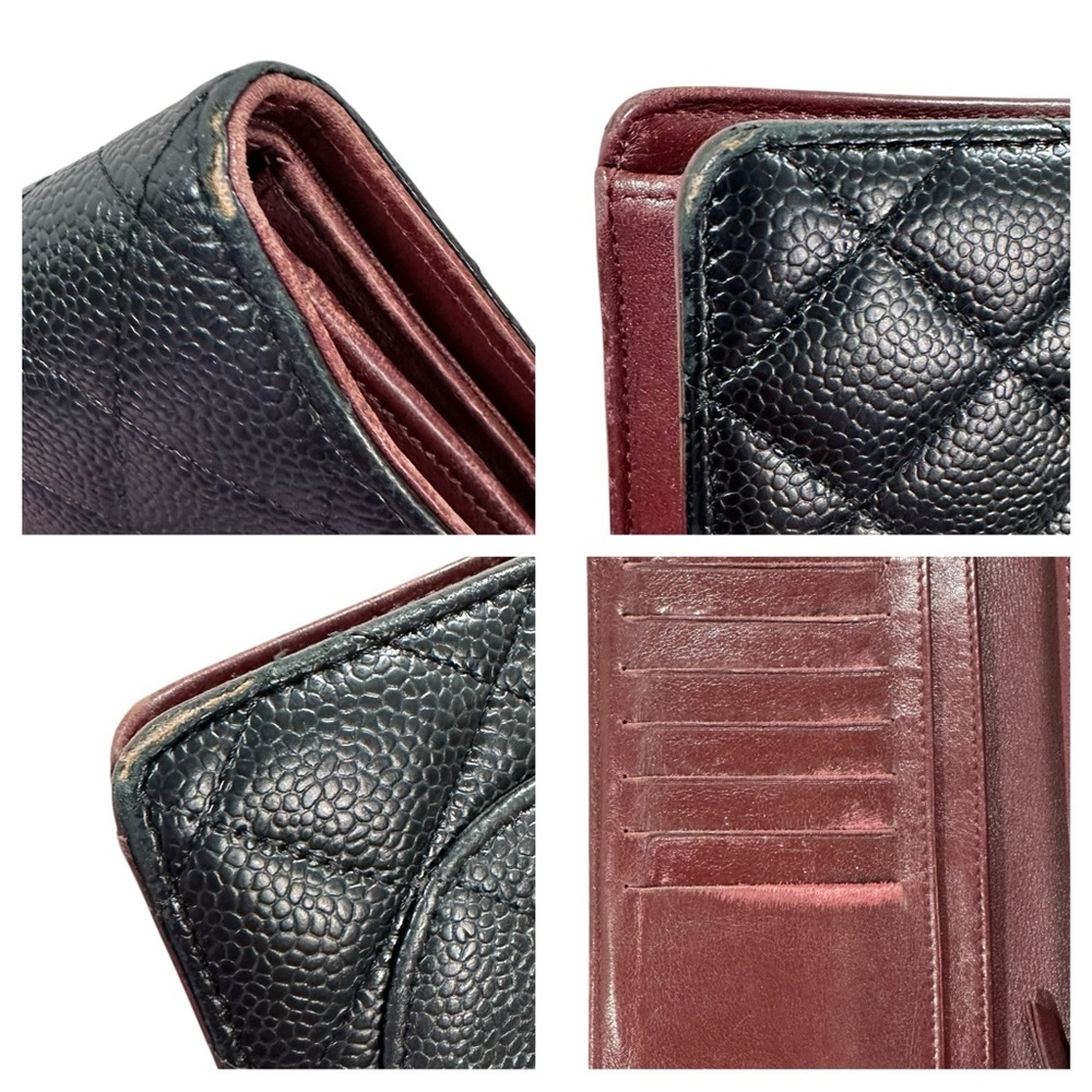 CHANEL Black Quilted Caviar Leather Trifold Wallet with Burgundy Trim - Picture 13 of 15